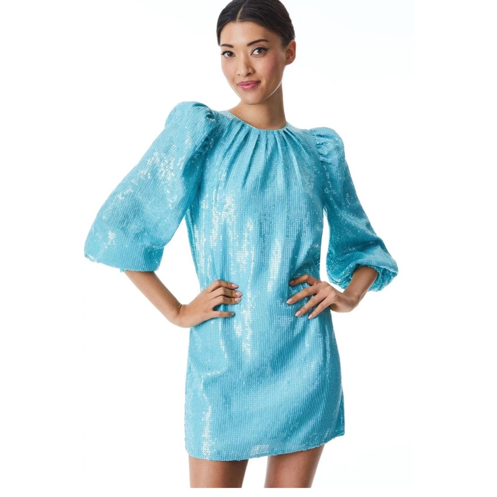 Revolve Alice + Olivia Pauletta Sequin 3/4 sleeve Mini Dress aqua size XS